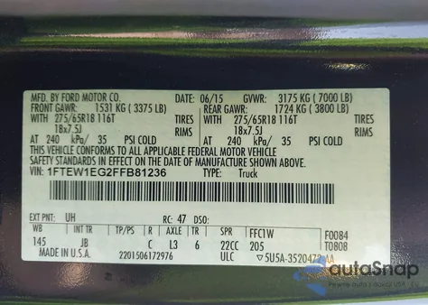 2015 Ford F150 Supercrew z USA, uszkodzony, nr VIN 1FTEW1EG2FFB81236